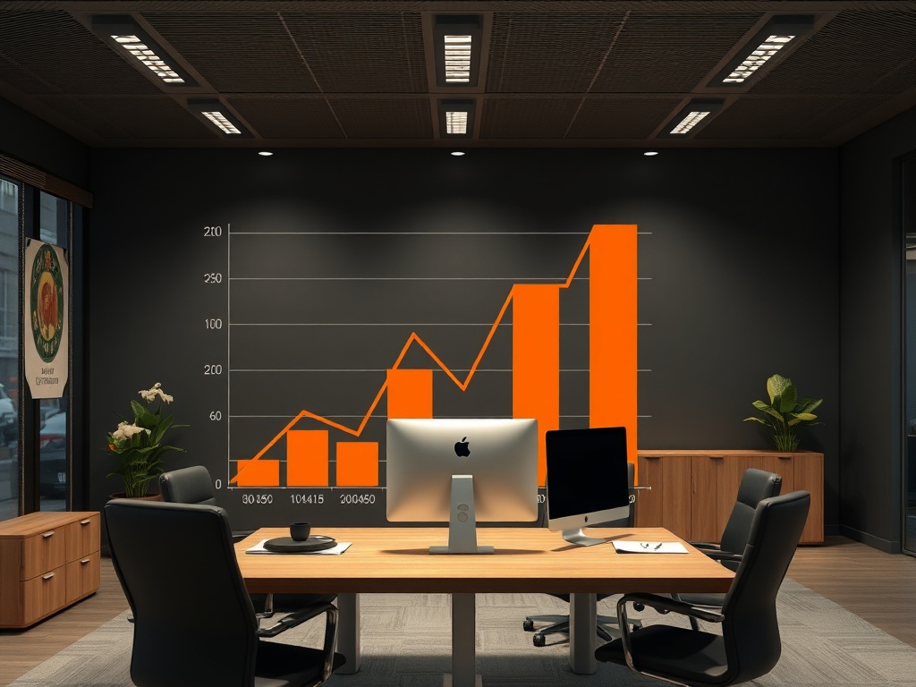 Современный офис с графиком роста на стене и двумя компьютерами на столе. Растения добавляют уют.